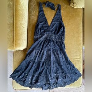 BCBGMaxAzria Halter Backless Sundress, cotton, black, eyelet accents, sz12
